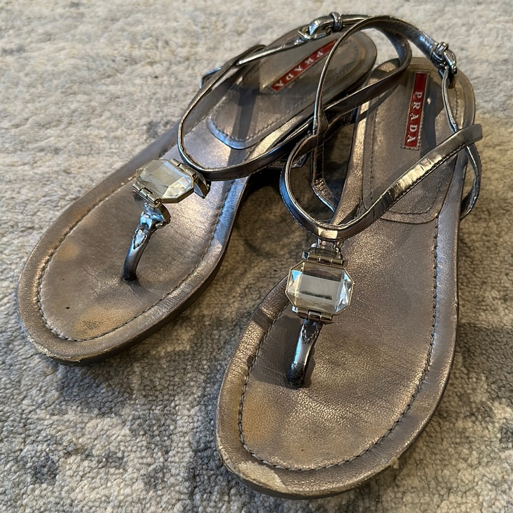 Prada thong sandals with stone gem detail, size 38 EU, 7.5 US
